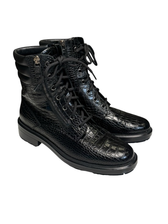 Aquatalia Shoes - Aquatalia Black Croc Embossed Leather Combat Lace-Up Zip Ankle Boot US Women's 9